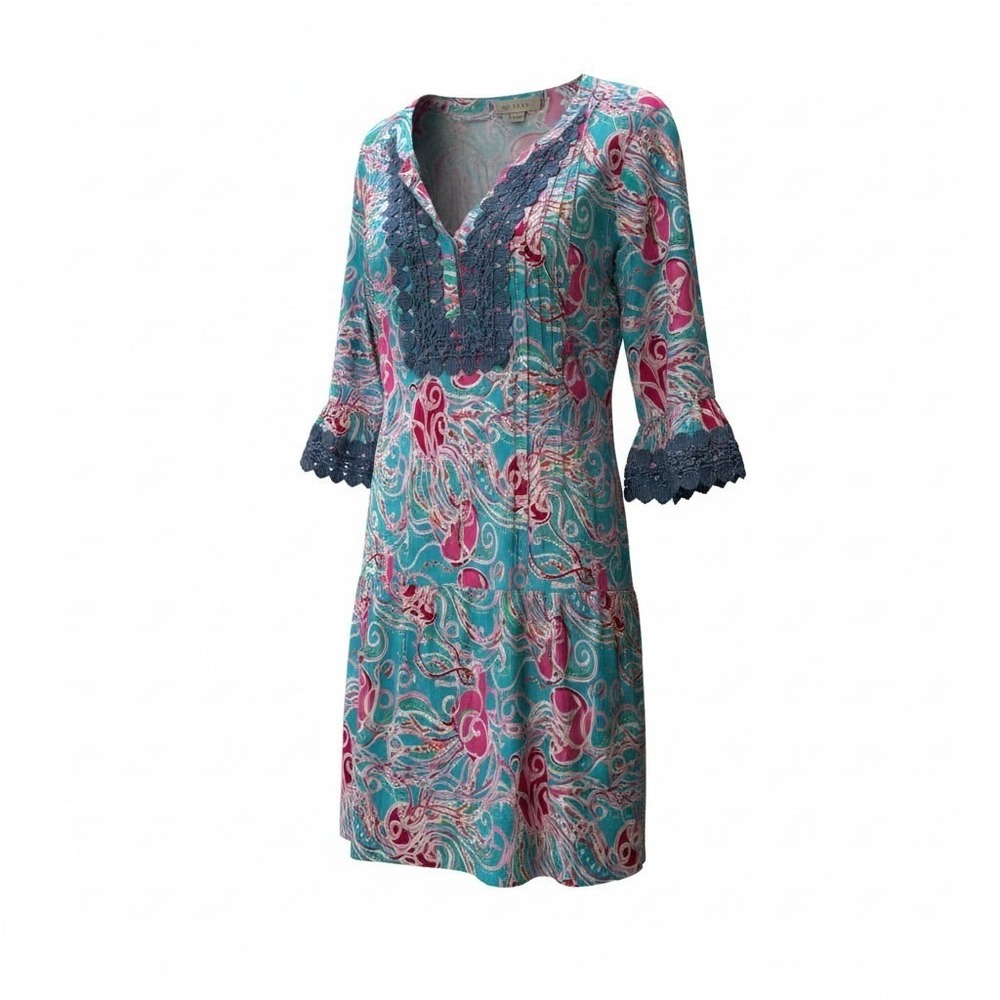 Almatrichi Madrid Spain Paisley Crochet Lace Bell Sleeve Dress Pink Blue 48